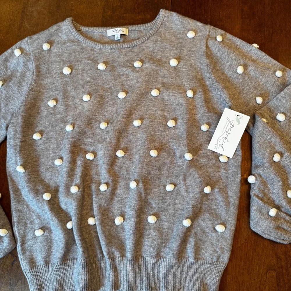 Polagram Sweater Women L Gray Pom Pom Puff Sleeve PSW2463 Textured Crew Neck